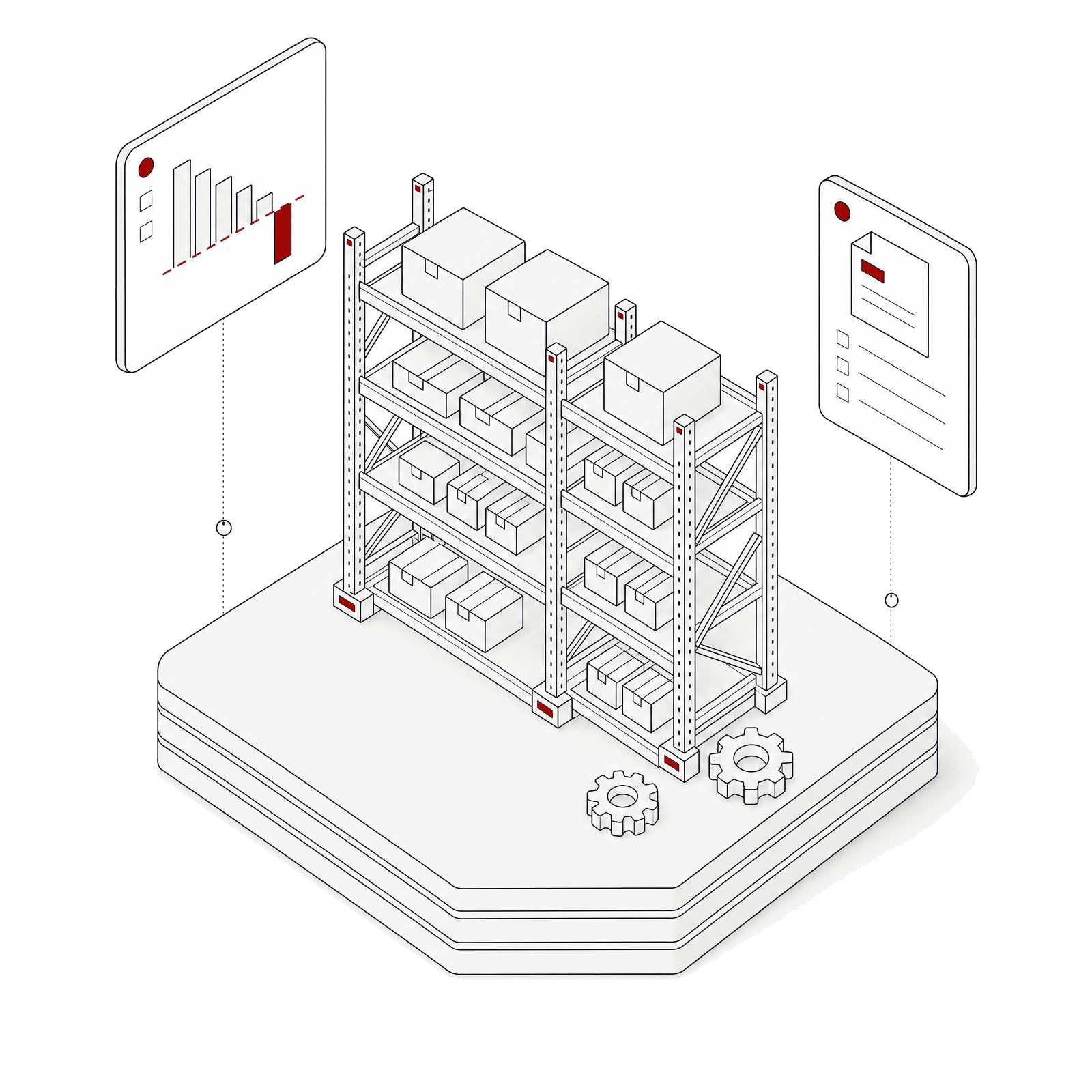 Isometric illustration of warehouse shelving with cards flagging stock below threshold
