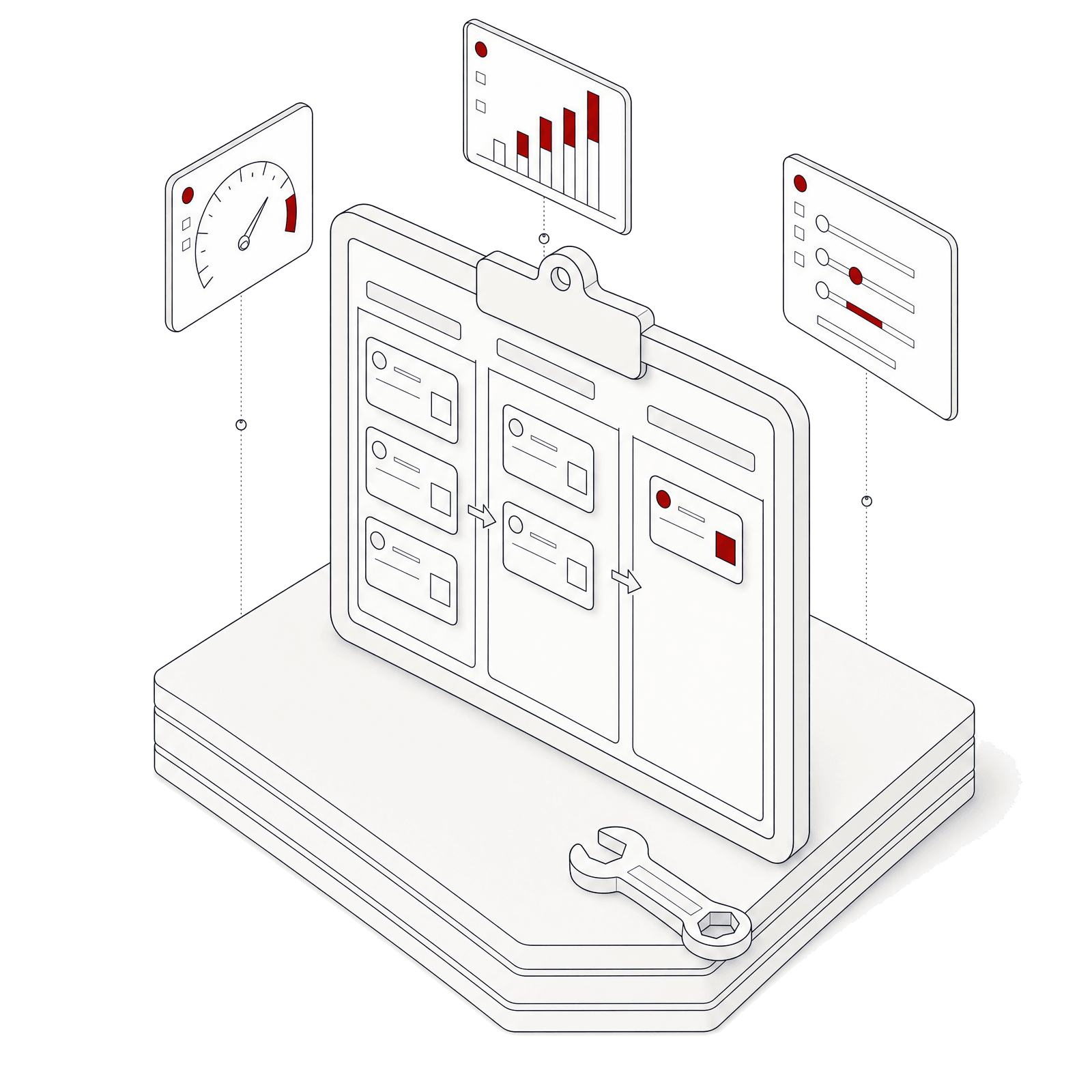 Isometric illustration of a kanban board with maintenance tickets and a wrench