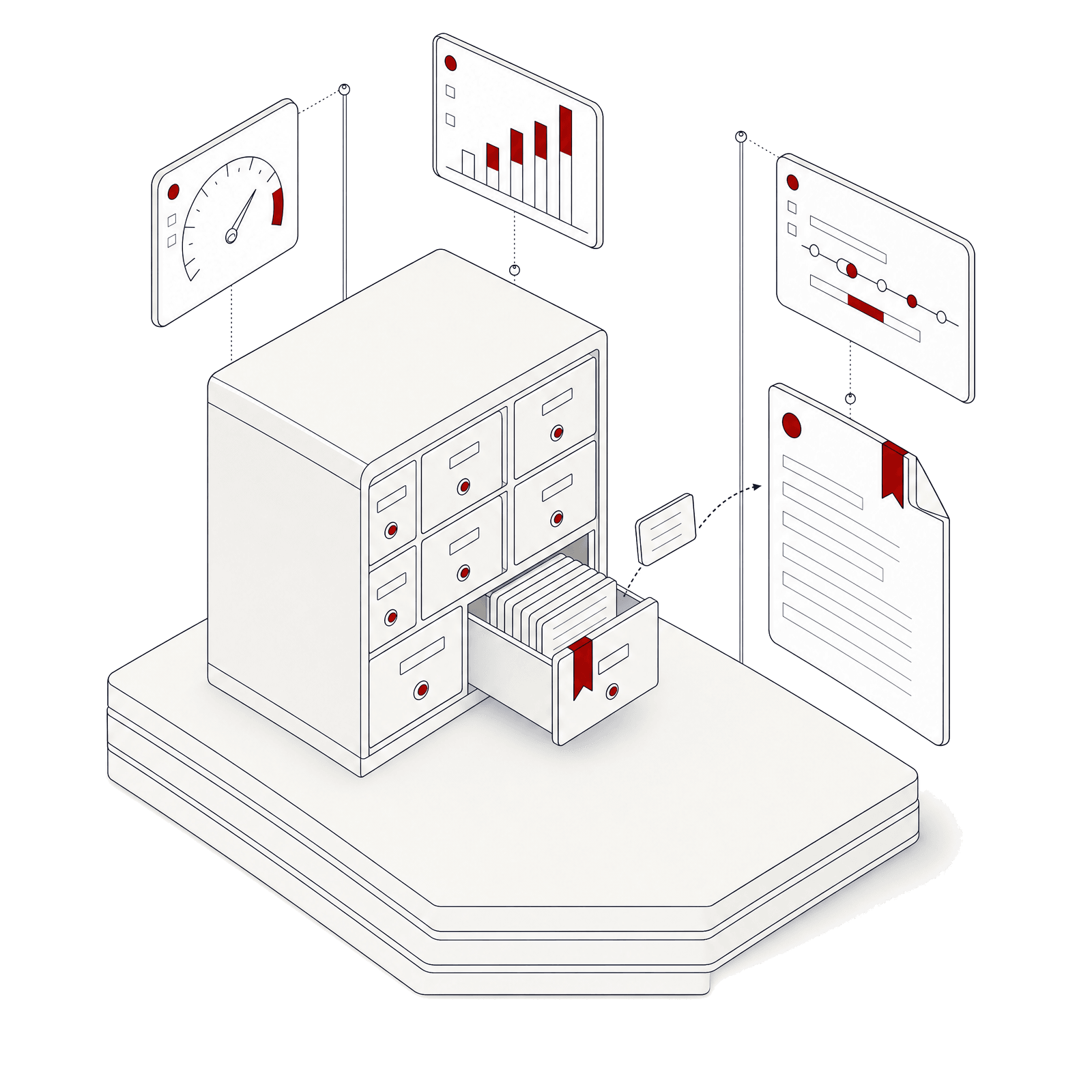 Isometric illustration of an open archive drawer sending a card towards a document