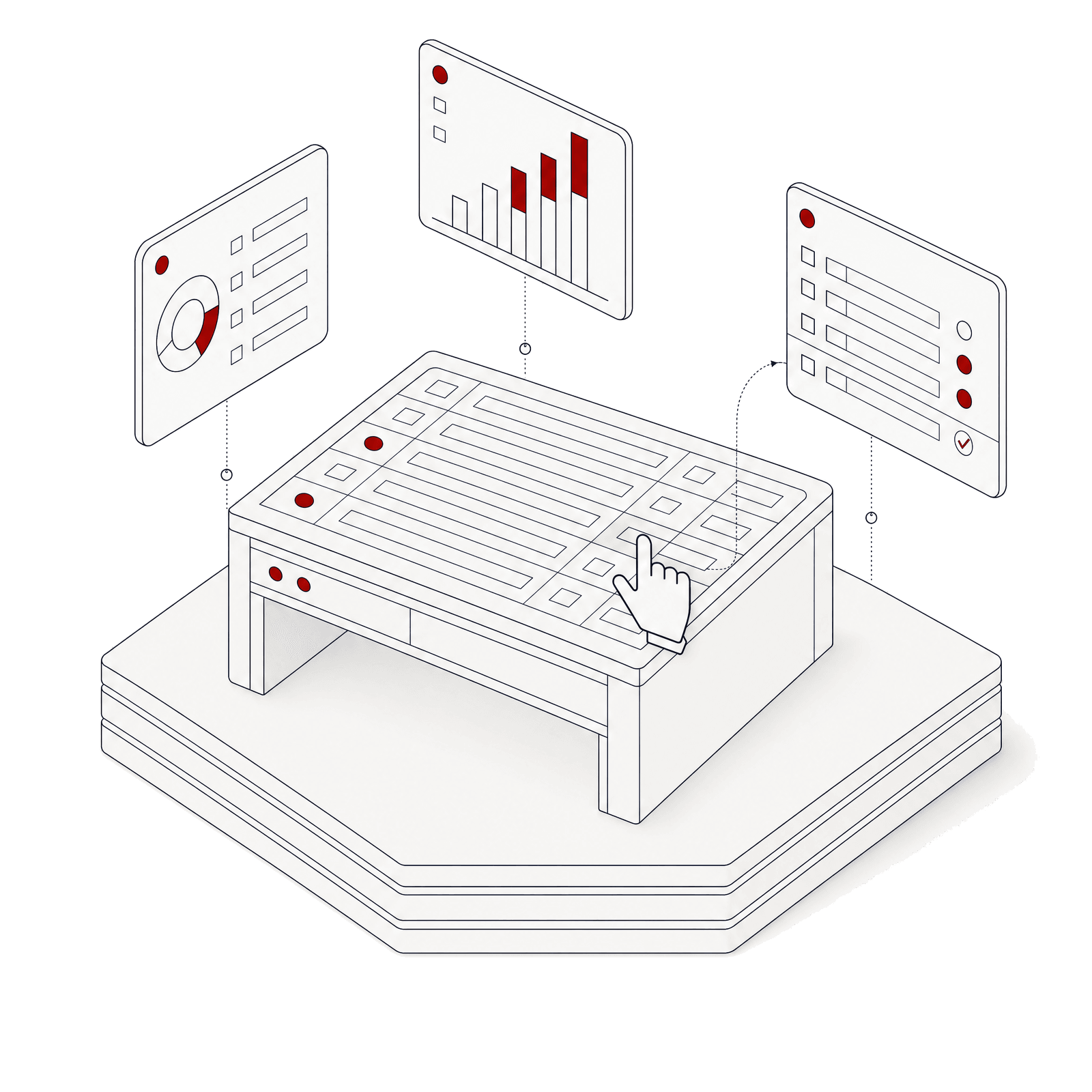 Isometric illustration of a table with rows flagged in red and a cursor correcting one row