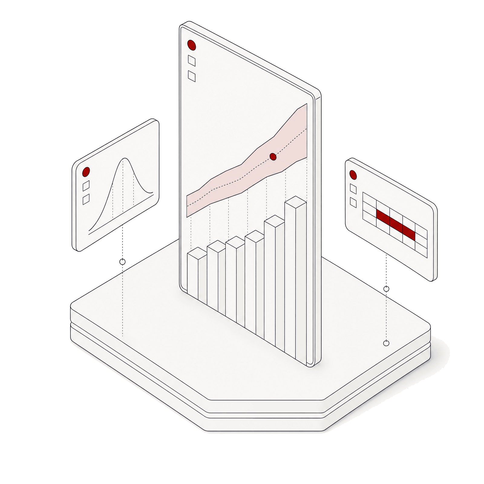 Isometric illustration of a chart with a confidence band and a red marker