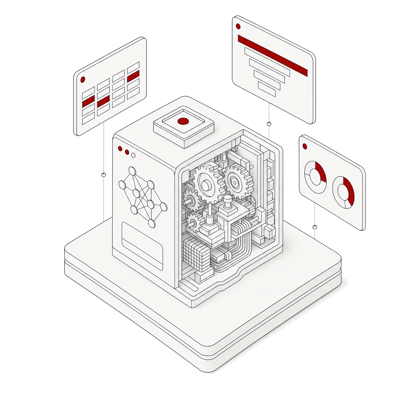 Isometric illustration of a cutaway machine-learning block with horizontal bars showing factor weights