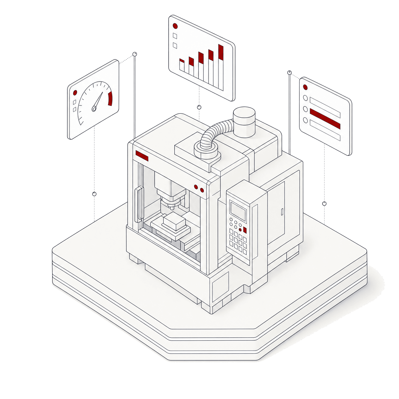 Isometric illustration of an industrial machine connected to cards showing OEE and downtime statistics