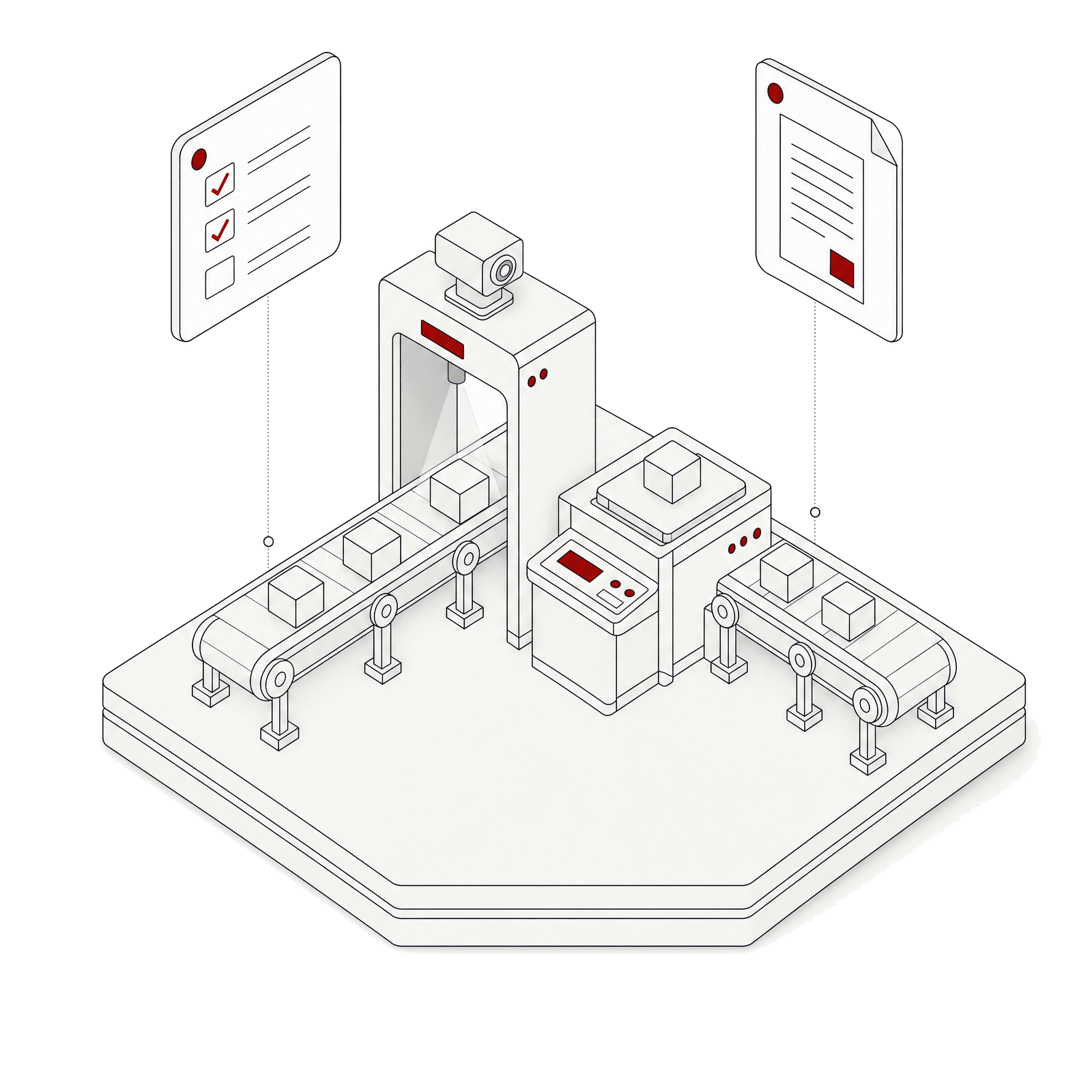 Isometric illustration of a quality control station with a digital checklist and a generated document