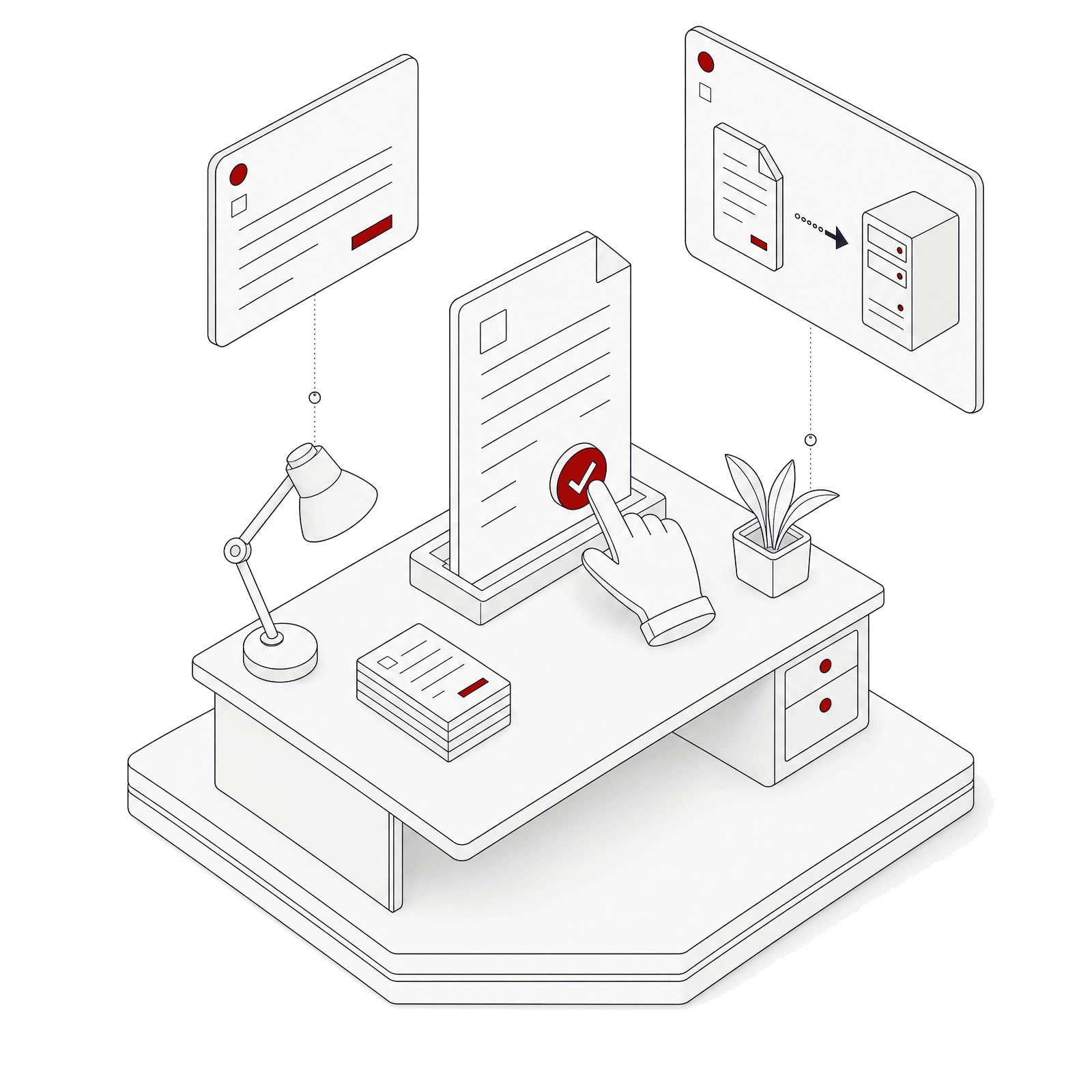 Isometric illustration of an order proposal with a cursor pressing the approval button