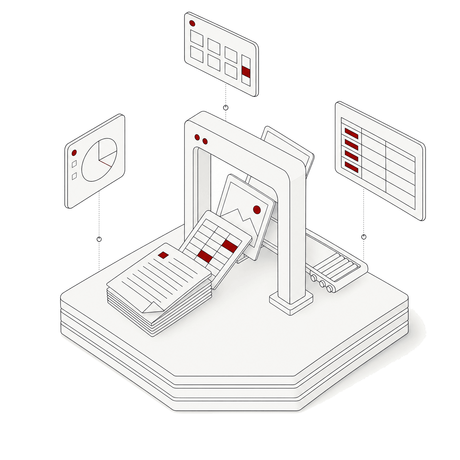 Isometric illustration of mixed documents funnelled through a scanning frame producing a structured table