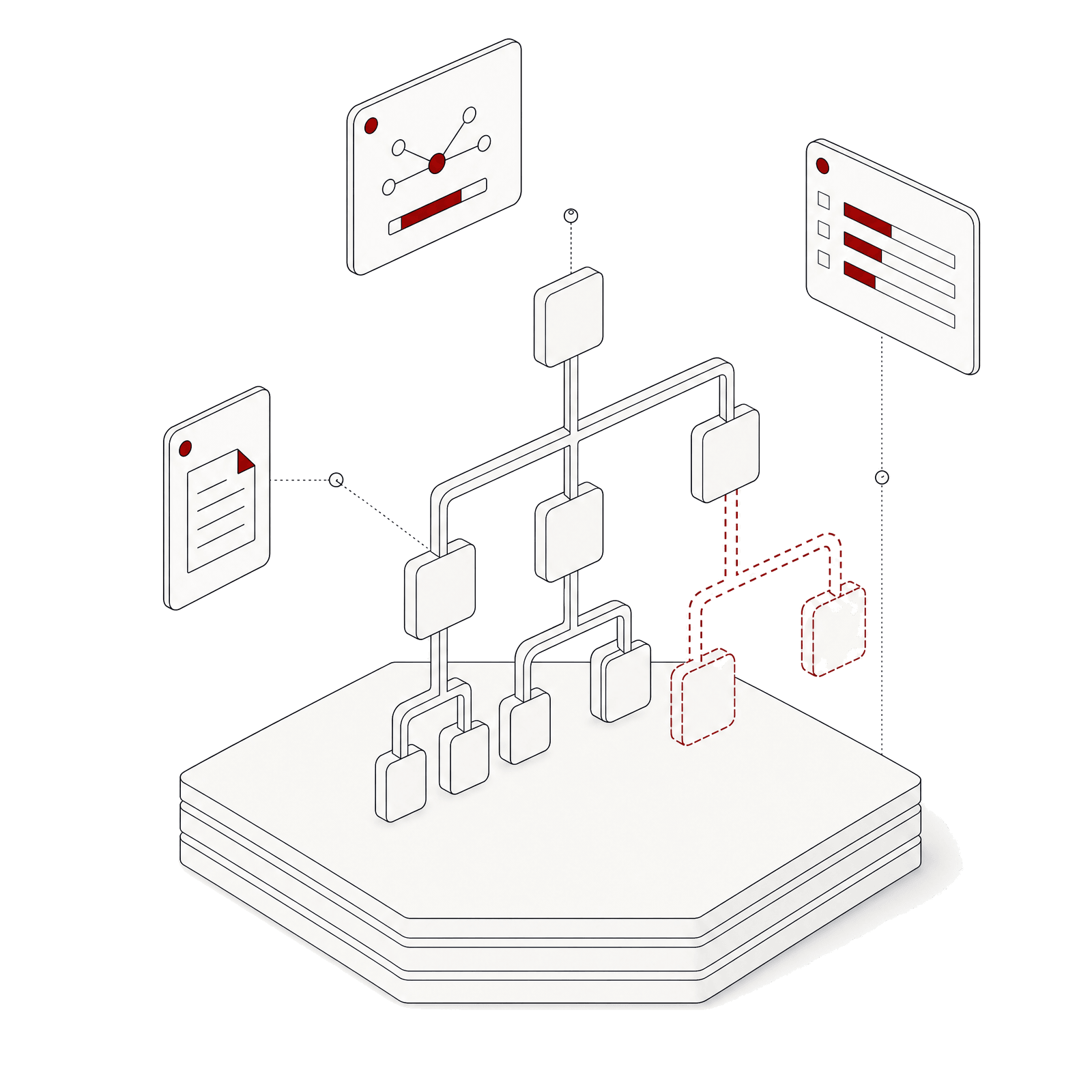 Isometric illustration of a tree of connected nodes with a new branch highlighted in red