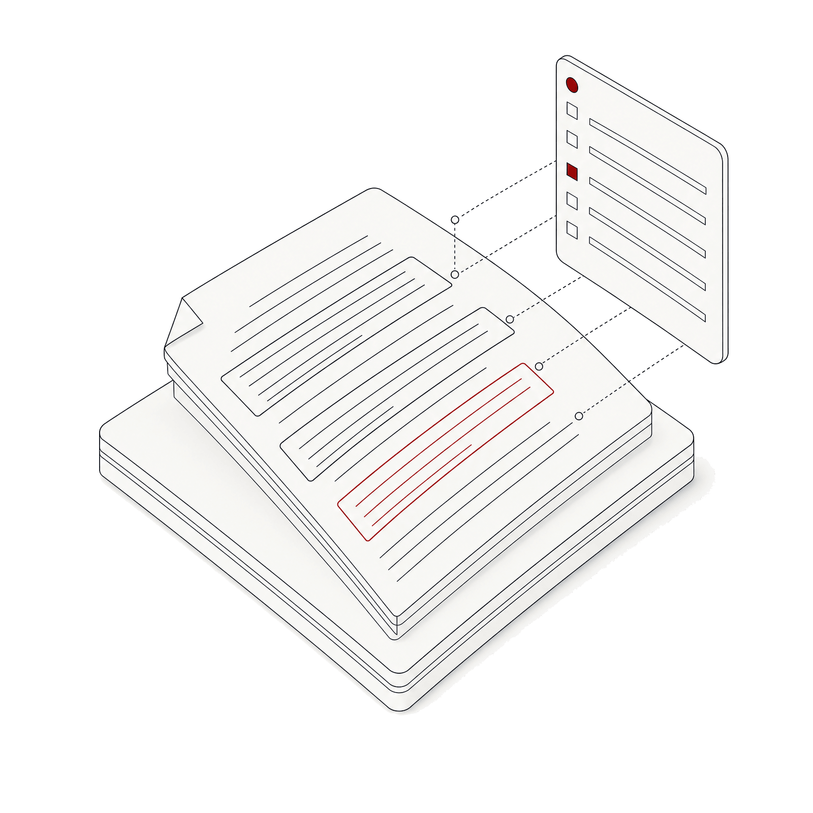 Isometric illustration of a document page with highlight frames connected to a checklist