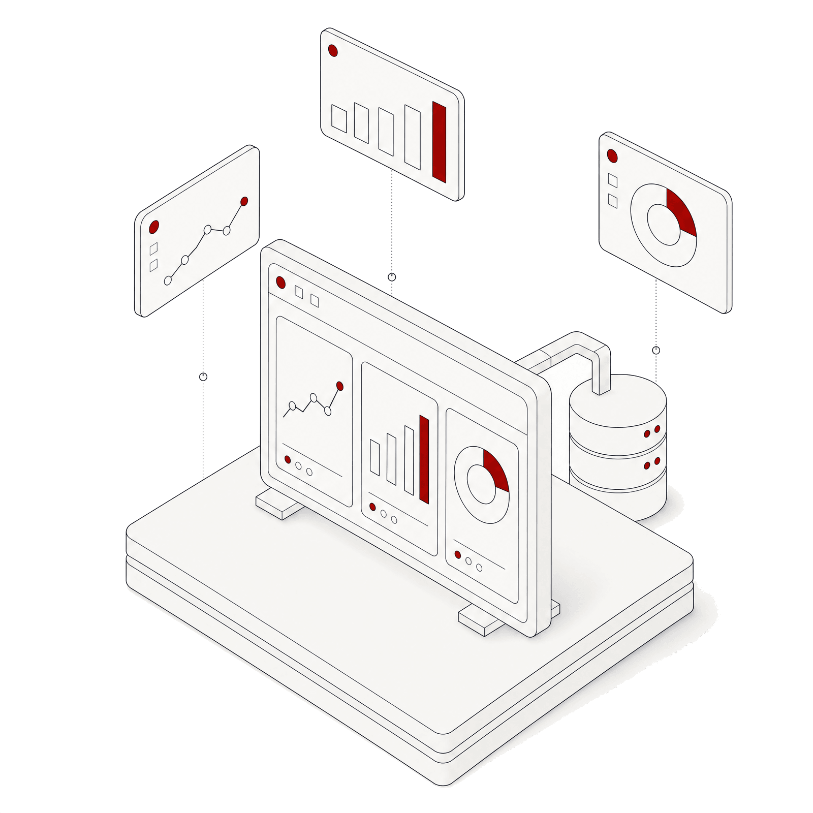 Isometric illustration of a dashboard with charts fed by a database