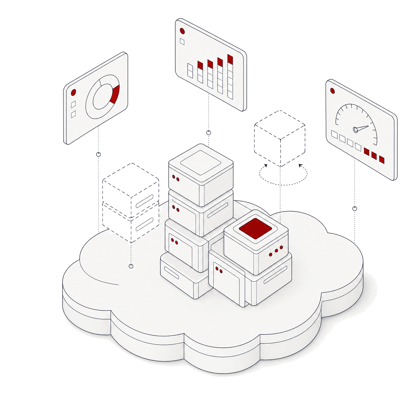 Isometric illustration of modular blocks spinning up on a cloud platform with a pay-per-use meter