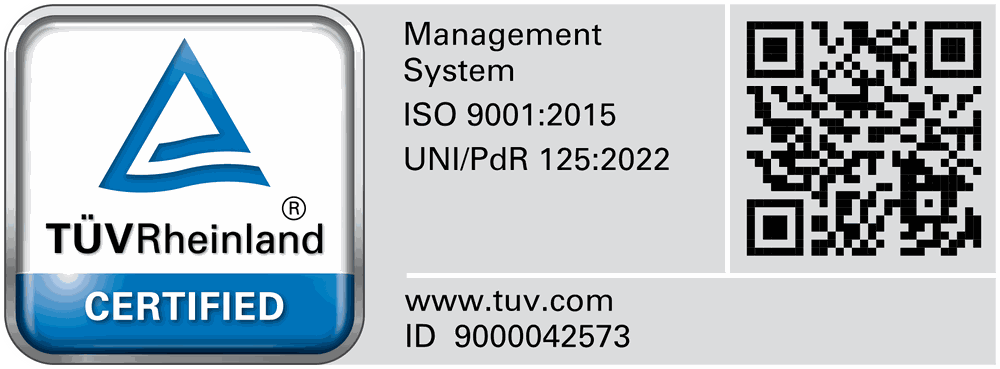 TÜV Rheinland Certified mark — Management System ISO 9001:2015 and UNI/PdR 125:2022, ID 9000042573