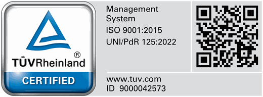 TÜV Rheinland certified — ISO 9001:2015 and UNI/PdR 125:2022, ID 9000042573